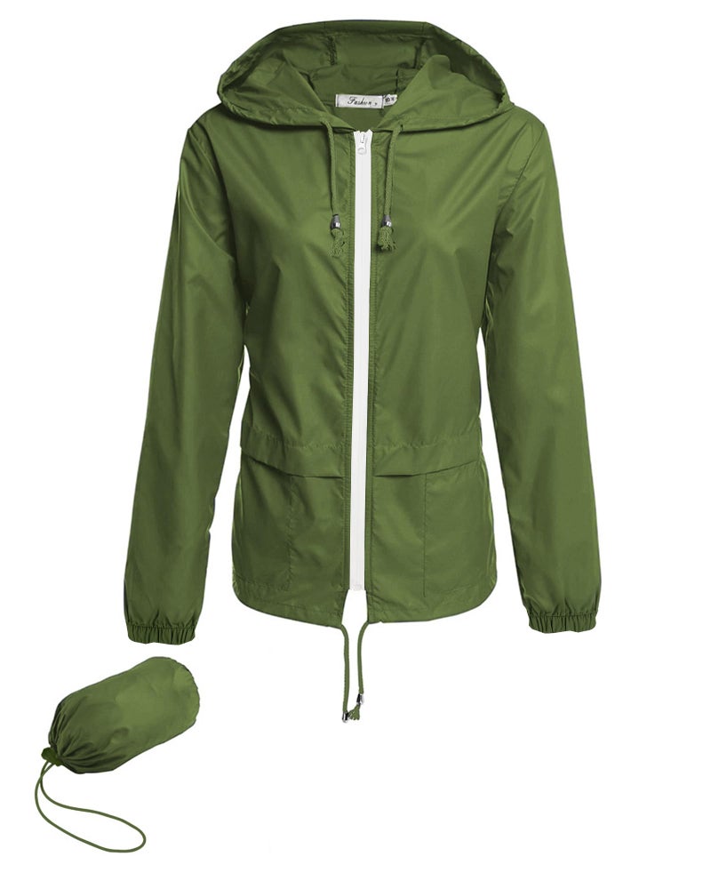 Hount Ladies Lightweight Raincoat with Hood Waterproof Packable Travel Windbreaker Rain Jackets (Army Green, L) - Image 1